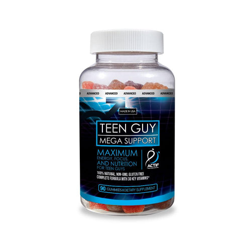 Actif Teen Guy Mega Support with 30 Organic Vitamins, Omega-3, Super Greens, Fruits, Vegetables – Energy and Memory Supplement for Teens, 90 Gummies