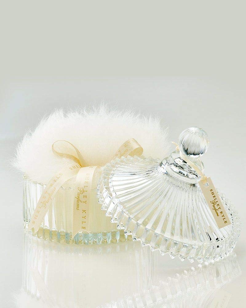 Shelley Kyle Large Handmade Lambs Wool Dusting Powder Puff 7x7 Inches with Elegant Crystal Dish