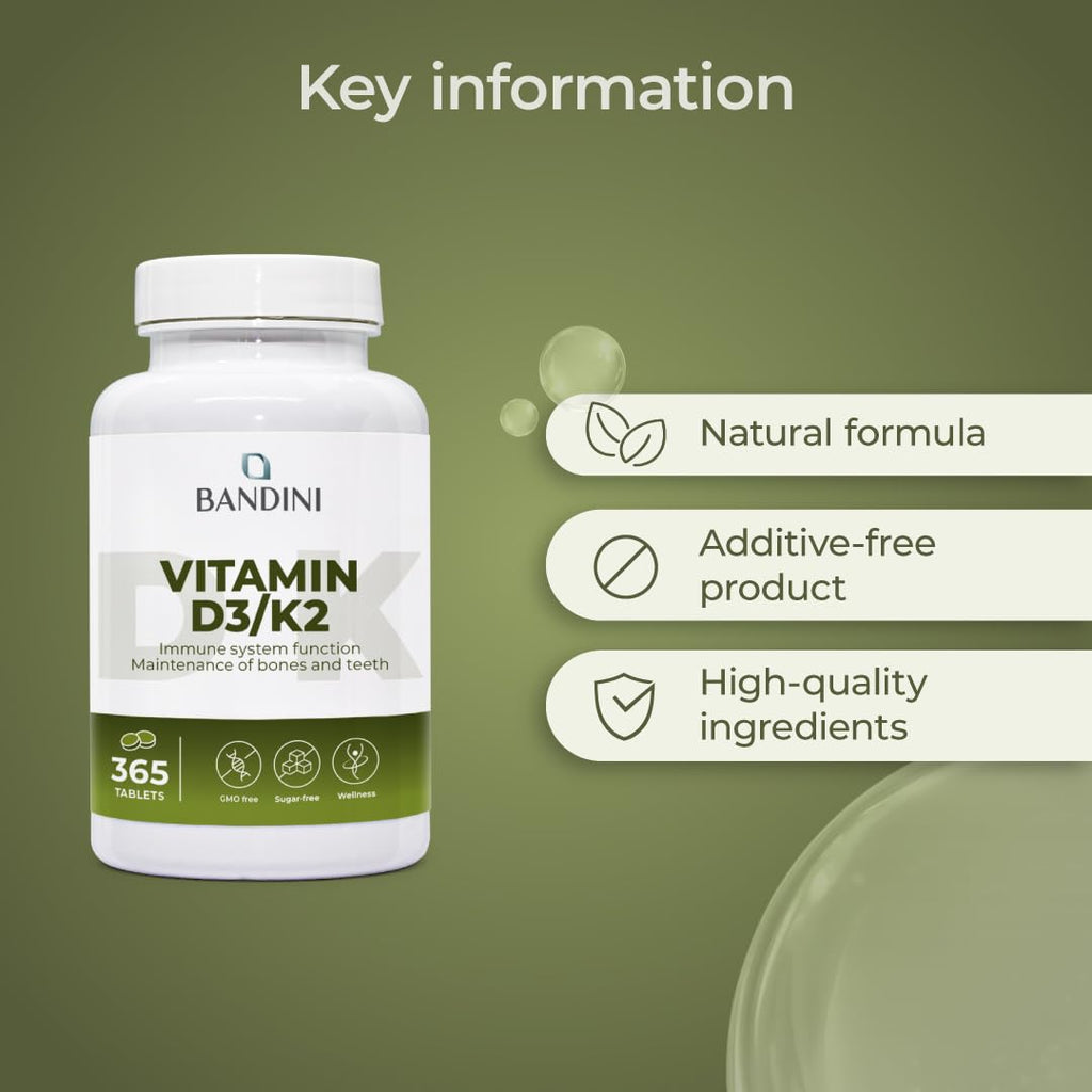Bandini® Vitamin D3 K2 | 365 Easy-to-Swallow Tablets for 1 Year | 2000 IU