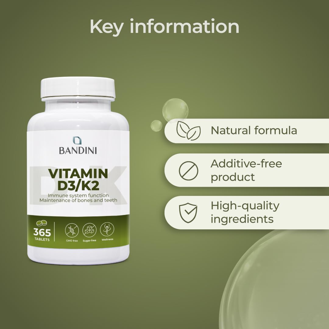 Bandini® Vitamin D3 K2 | 365 Easy-to-Swallow Tablets for 1 Year | 2000 IU