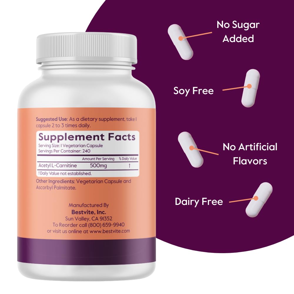 BESTVITE Acetyl L-Carnitine 500mg (240 Vegetarian Capsules) - No Stearates - Vegan - Non GMO - Gluten Free