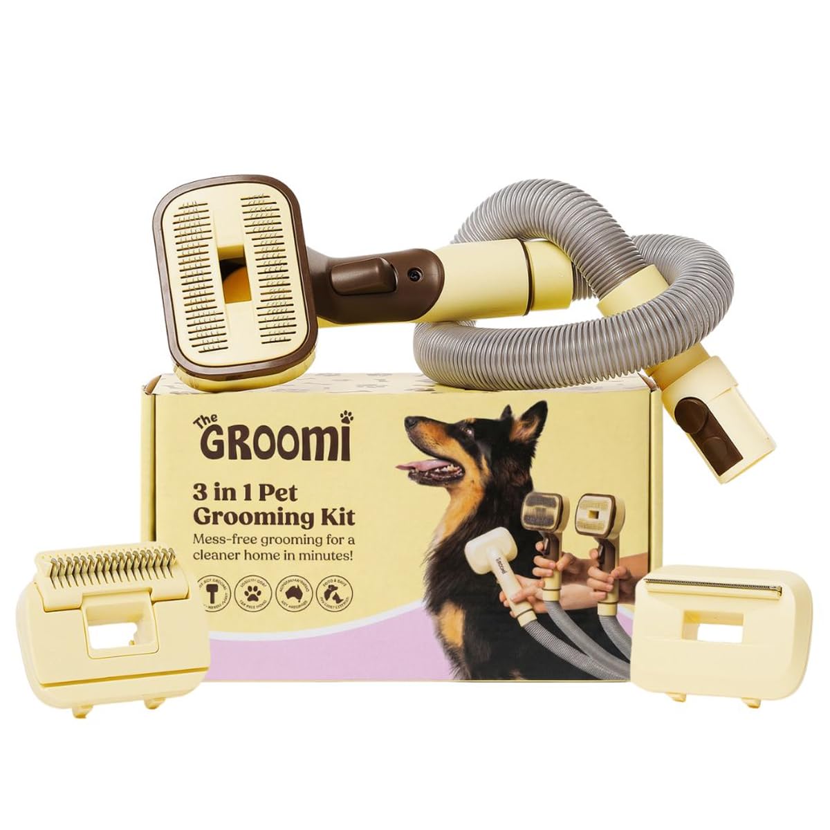 GROOMI Vacuum Pet Brush Kit – 3‑in‑1 Dog & Cat Grooming Tool, Self‑Cleaning Deshedding Brush & Pet Hair Remover, Universal Vacuum Attachment Including Dyson, Short, Medium & Long Fur, All Breeds