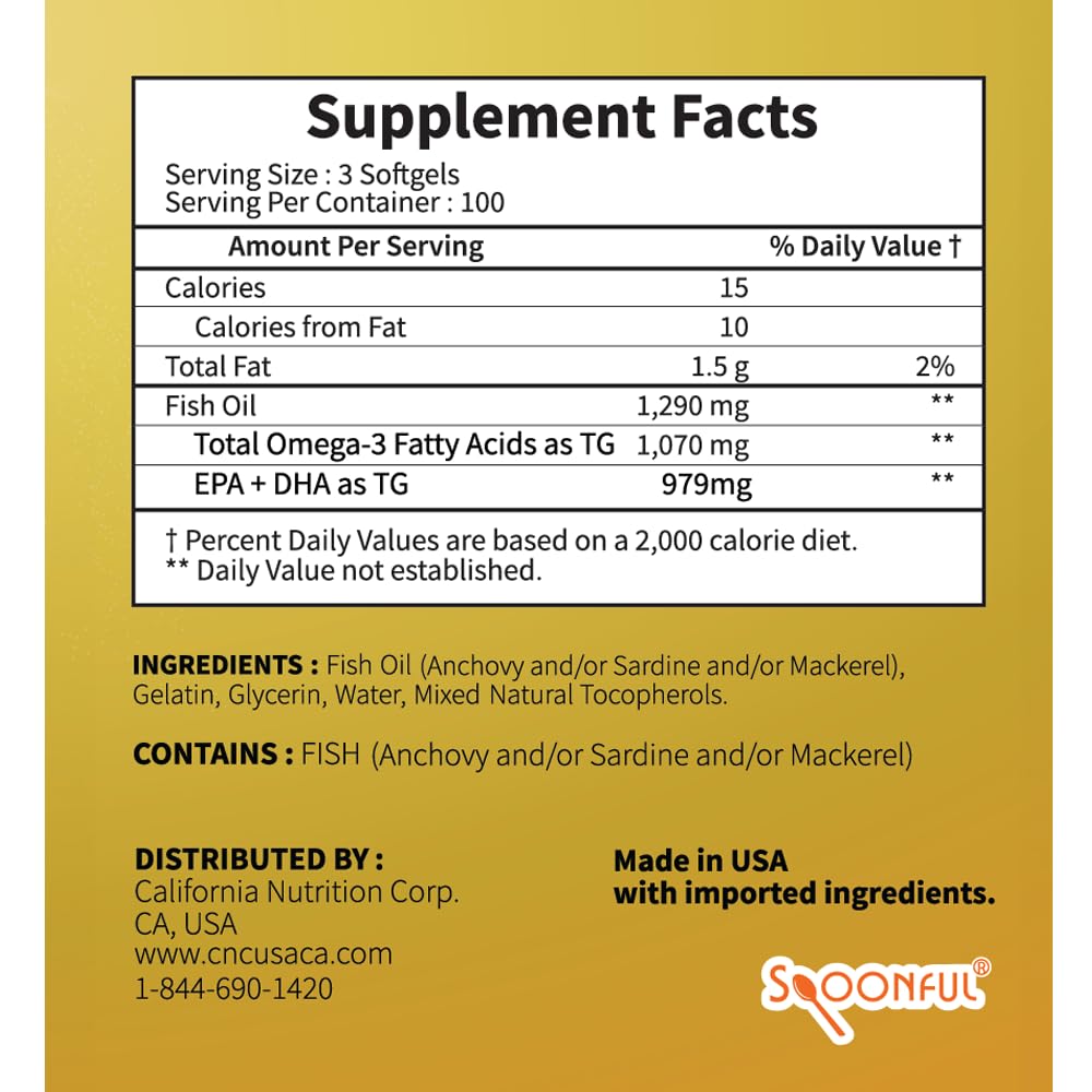 Spoonful Mini Omega 3 Fish Oil, iFOS Certified, 1290 mg Per Serving, 300 Softgels Pearls, Small Size Easy to Swallow Capsules, Made in USA