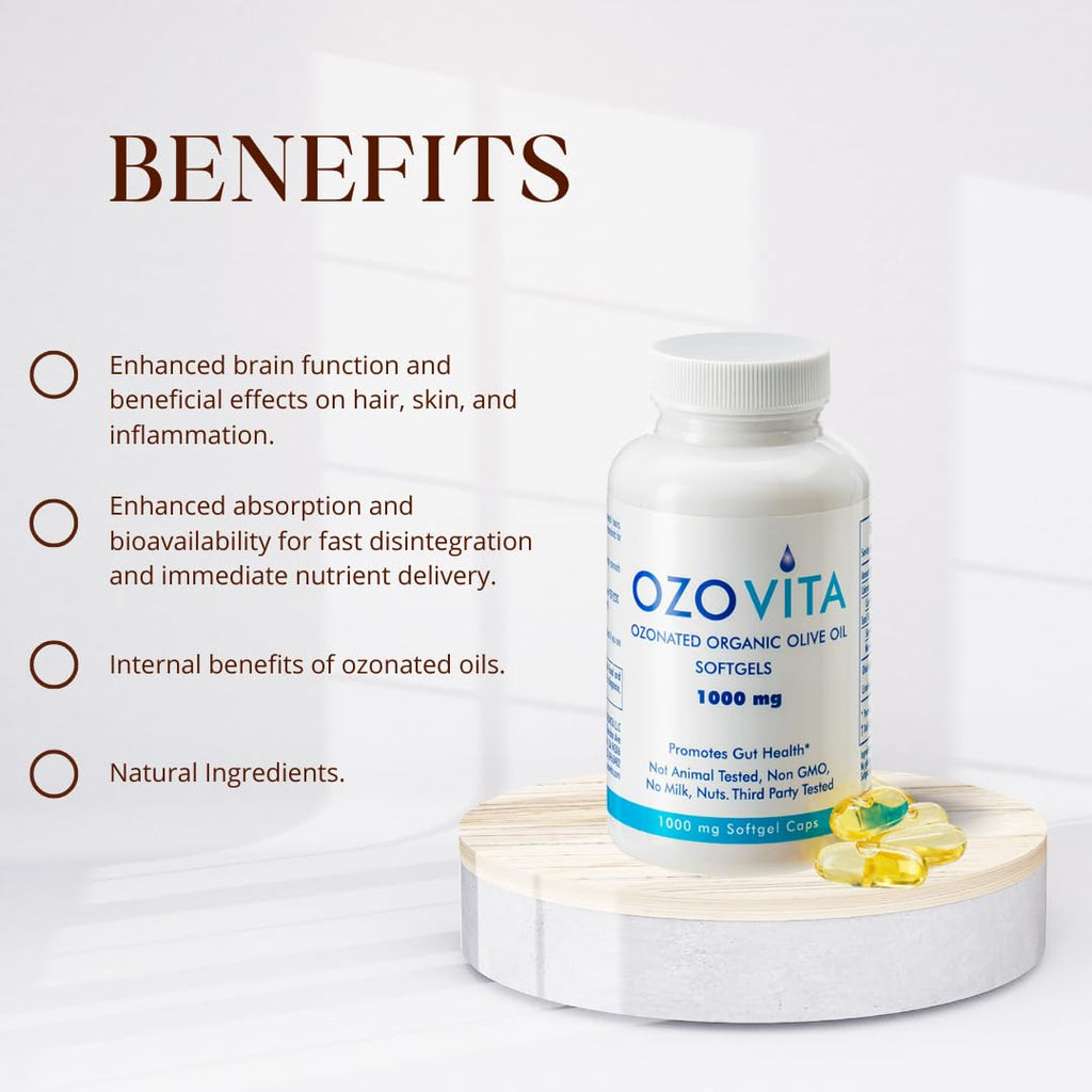 OZOVITA Ozonated Olive Oil Capsules 1000mg – Gut Health & Digestive Support – 60 USDA Organic Softgels, 2-Month Supply – Cold-Process Extra Virgin Olive Oil (EVOO), Non-GMO