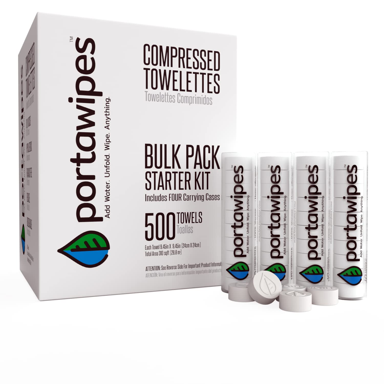 Portawipes Coin Tissues | 500 Pack with 4 Carrying Cases | Toilet Paper Tablets | Compressed Towels | Expandable Wipes | Soft & Odor Free