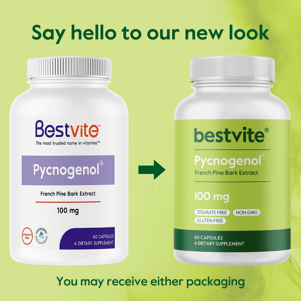 BESTVITE Pycnogenol 100mg (120 Capsules) (60x2) - French Maritime Pine Bark Extract - No Stearates - Gluten Free - Non GMO - Easy-to-Swallow Capsules