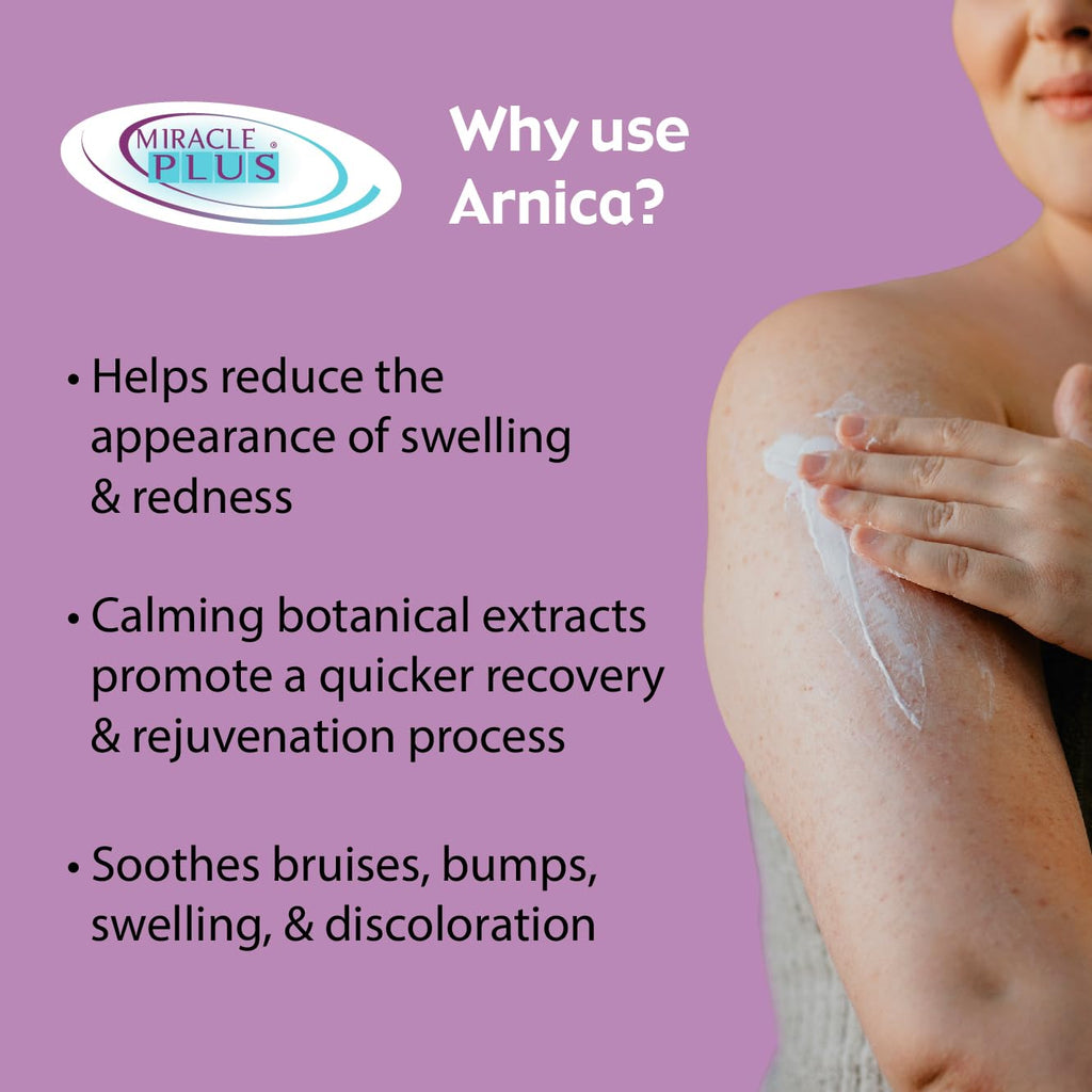 Miracle Plus Arnica Cream Bruise Relief Lotion For Bruising | Arnica Montana Extra Strength Vitamin K Cream | Moisturizing Formula Skin Care Gel With Horse Chestnut, 4 Fl Oz