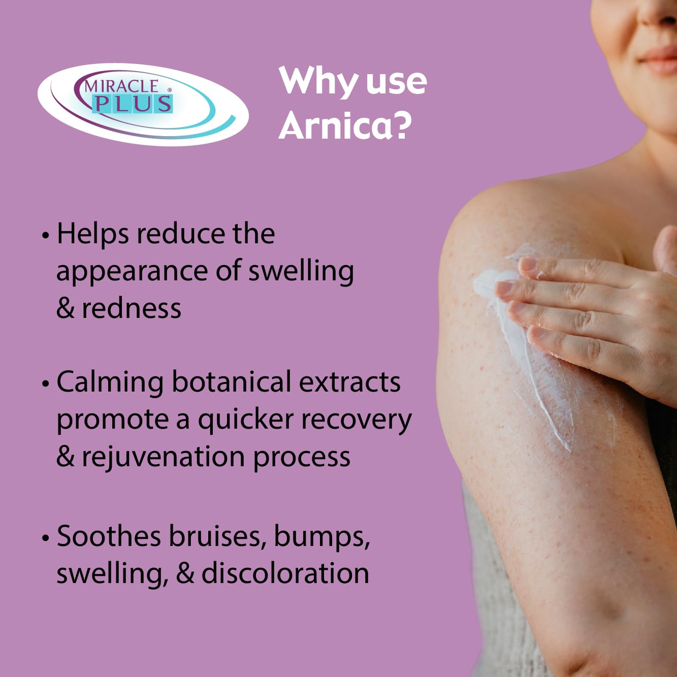 Miracle Plus Arnica Cream Bruise Relief Lotion For Bruising | Arnica Montana Extra Strength Vitamin K Cream | Moisturizing Formula Skin Care Gel With Horse Chestnut, 4 Fl Oz