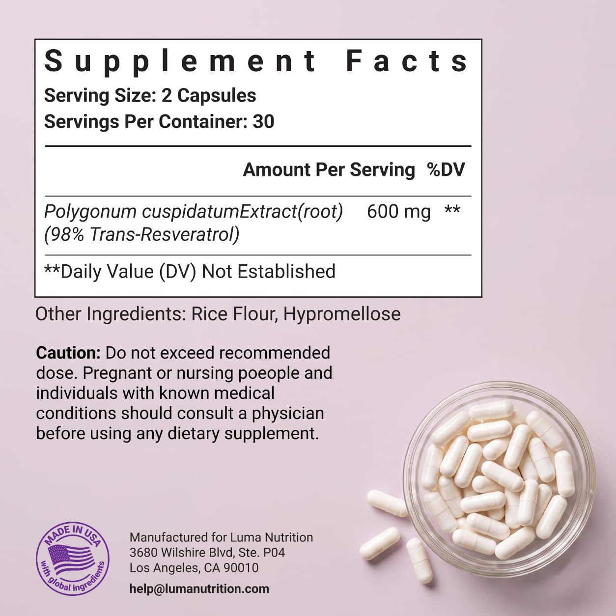 Luma Nutrition High Purity Resveratrol Supplement - 98% Trans-Resveratrol - Antioxidant - Resveratrol Capsules - Vegan & Gluten-Free - 60 Capsules