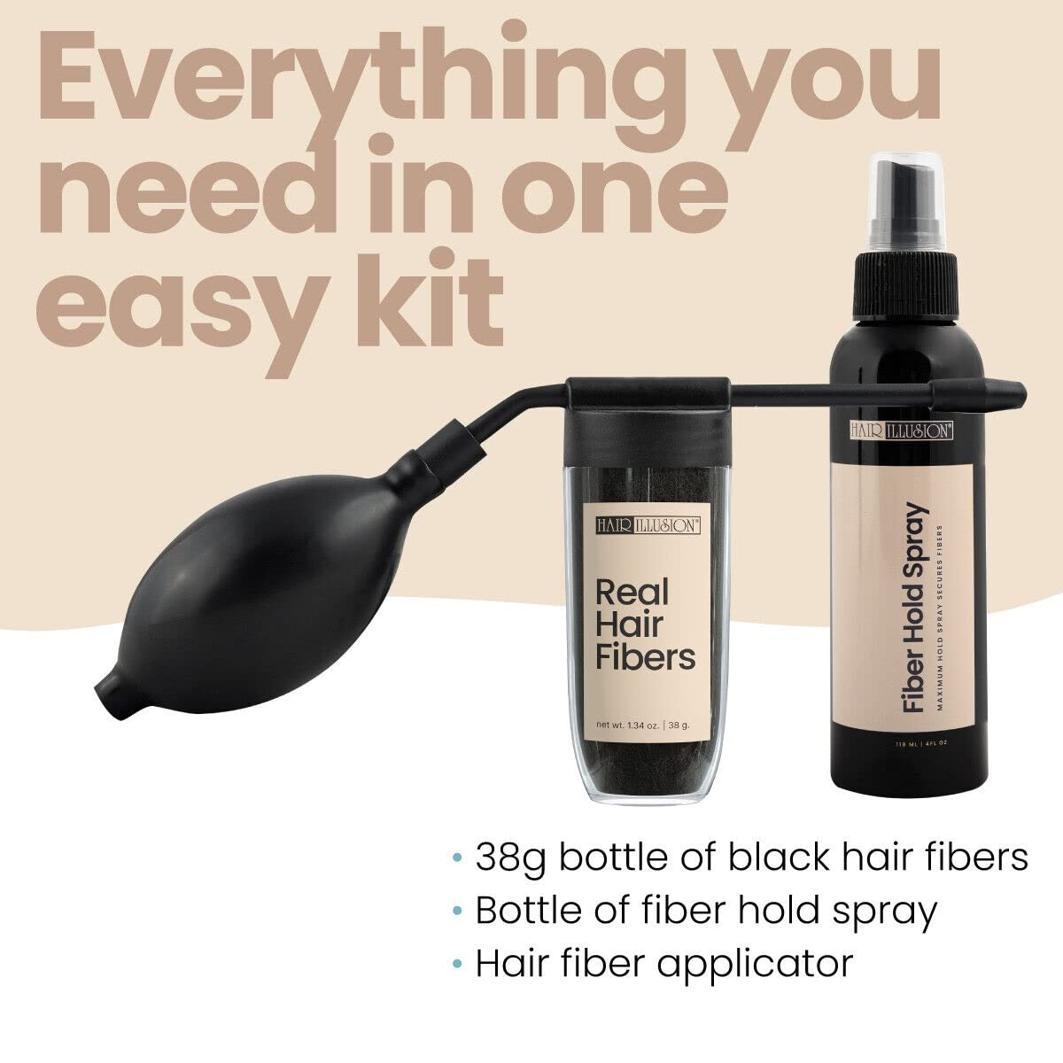 Hair Illusion Combo Kit - Hold Spray, 38g Hair Fiber Bottle, Applicator & Hairline Optimizer (Brown)
