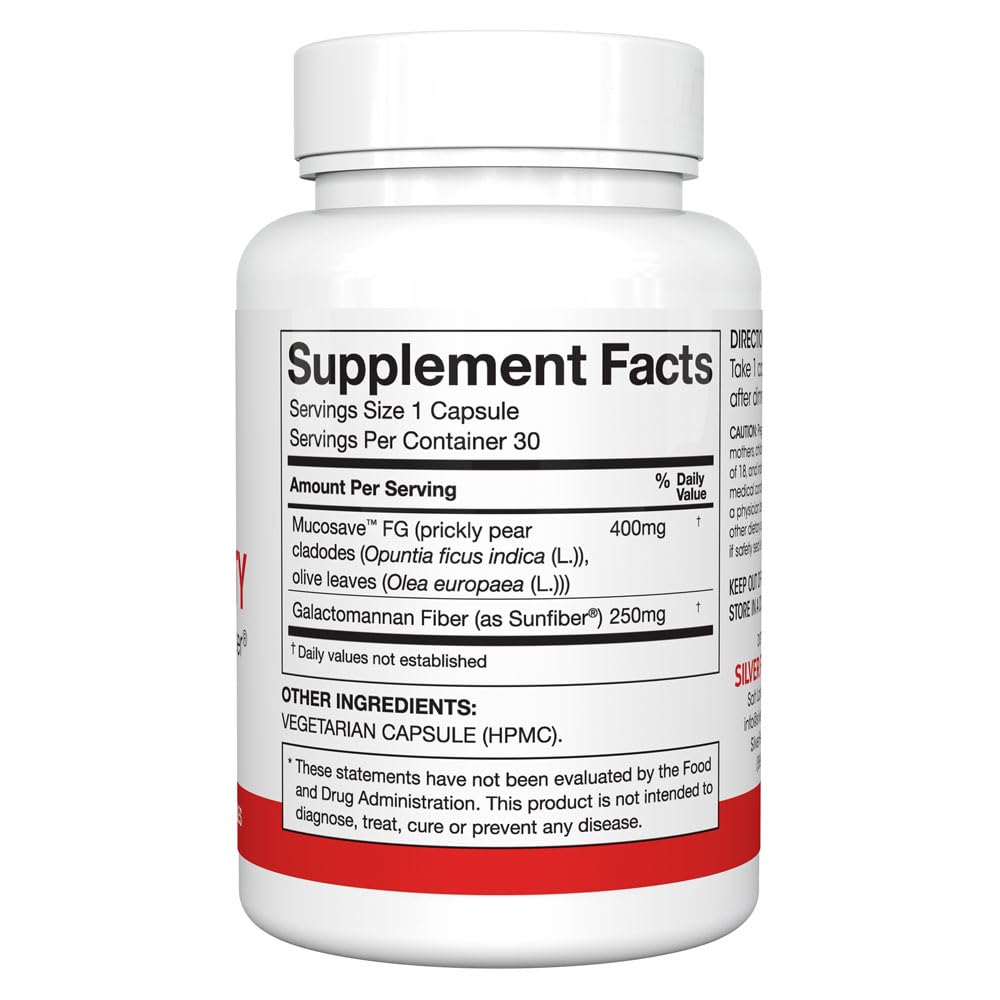 Silver Fern Regularity Digestive Supplement Capsules Brand - 1 Bottle = 30 Capsules = 30 Day Supply - Mucosave FG (Prickly Pear Polysaccharides & Olive Leaf Polyphenols) & SunFiber