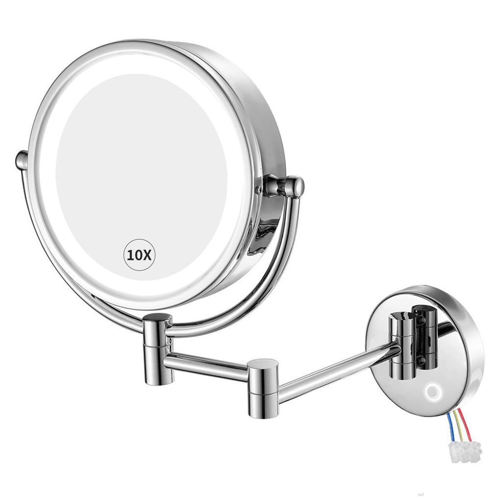 GURUN Wall Mounted Hardwired Makeup Mirror with 3 Tones Dimmable LED Lights 10x Magnifying Mirror with Touch Control for Bathroom Bedroom 13" Extendable Arm Direct Wire (10x, Chrome)