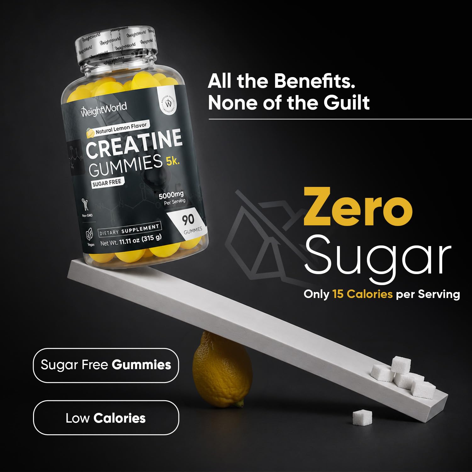 WeightWorld Sugar Free Creatine Gummies 5g (5000mg) | Pre & Post Workout Gummy | 90 Vegan Creatine Monohydrate Gummies for Men & Women (1 Month Supply) - 3 per Day | Non-GMO, Natural Lemon Flavor
