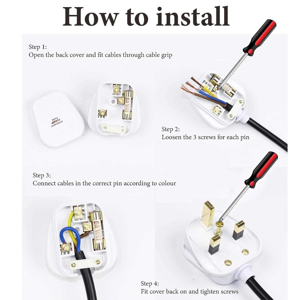 PLUSHA UK 3 Pin Plug, Fused Plug, Rewireable 3 Pin Plug UK with Cord Grip Heavy Duty 13 Amp White Electrical Main Plugs for Home, Office, Appliances Pack of 3