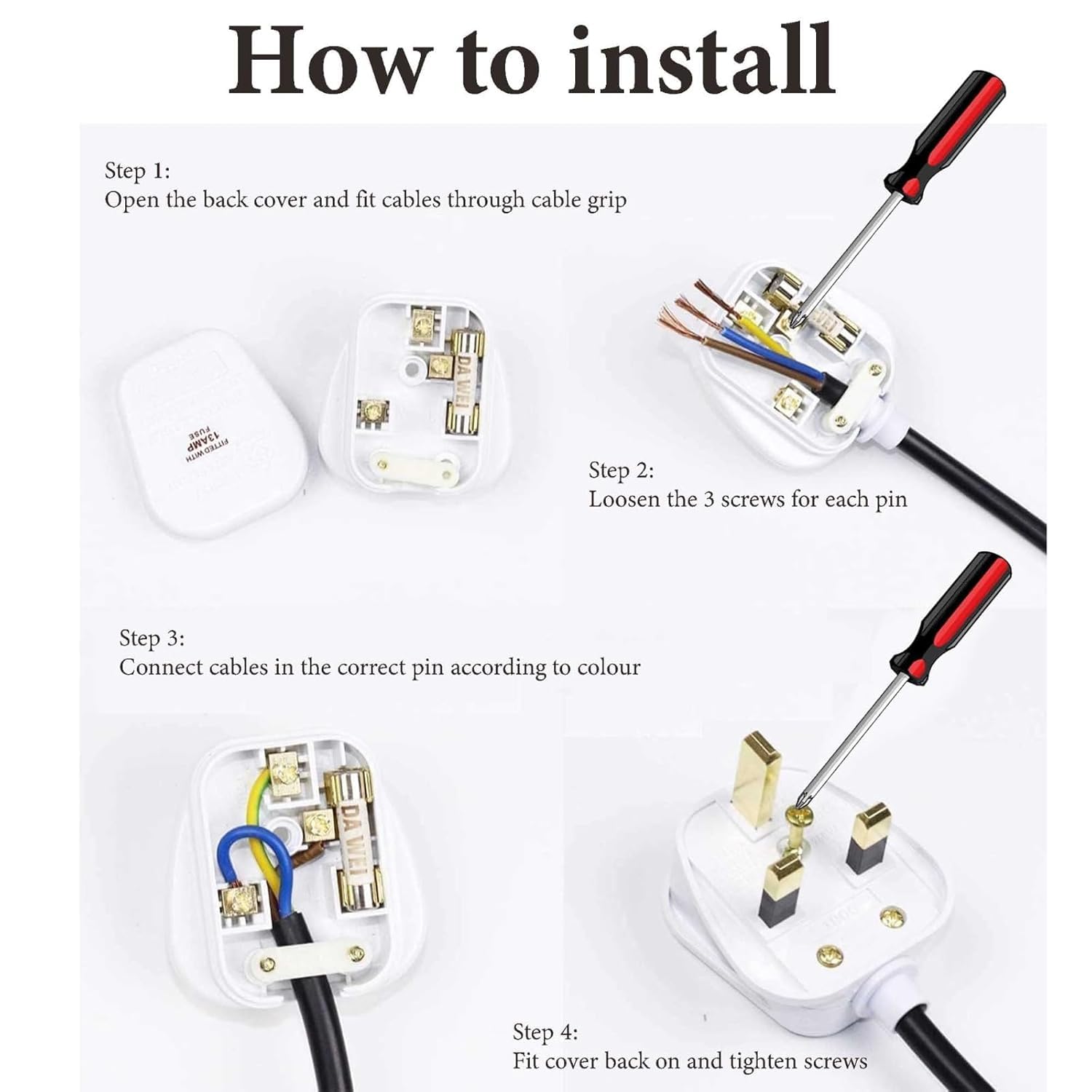 PLUSHA UK 3 Pin Plug, Fused Plug, Rewireable 3 Pin Plug UK with Cord Grip Heavy Duty 13 Amp White Electrical Main Plugs for Home, Office, Appliances Pack of 3