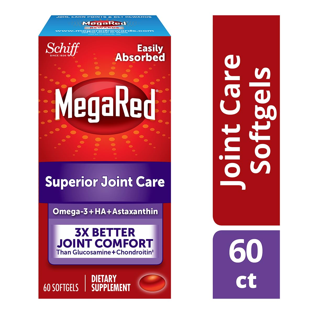 MegaRed 353mg Omega-3 Krill Oil Joint Care Supplement with EPA/DHA Fatty Acids, Antioxidants, Hyaluronic Acid, No Fishy Burp Aftertaste as with Fish Oil, 60 Count Softgels