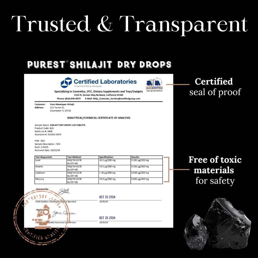 Pure Himalayan Shilajit | 100% Pure Natural Shilajit Grade A Max Potency 85+ Trace Minerals & Fulvic Acid | 3rd Party US Lab Tested | Dry Drops | 24g (120ct)