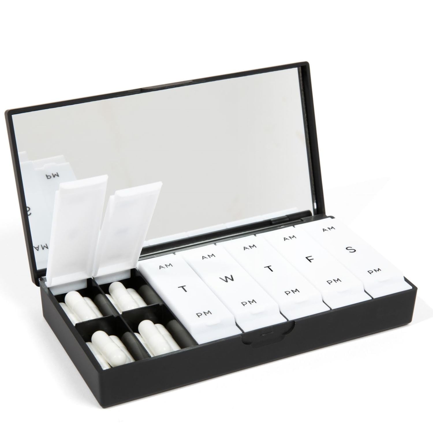 PORT X POLISH Designer Weekly Pill Box Organizer (AM/PM 2X Daily, Classic Black) | Compact, Stylish 7-Day Vitamin Supplement Case | Cute Portable Mini Travel Medicine Carrier | BPA-Free Pillbox Caddy