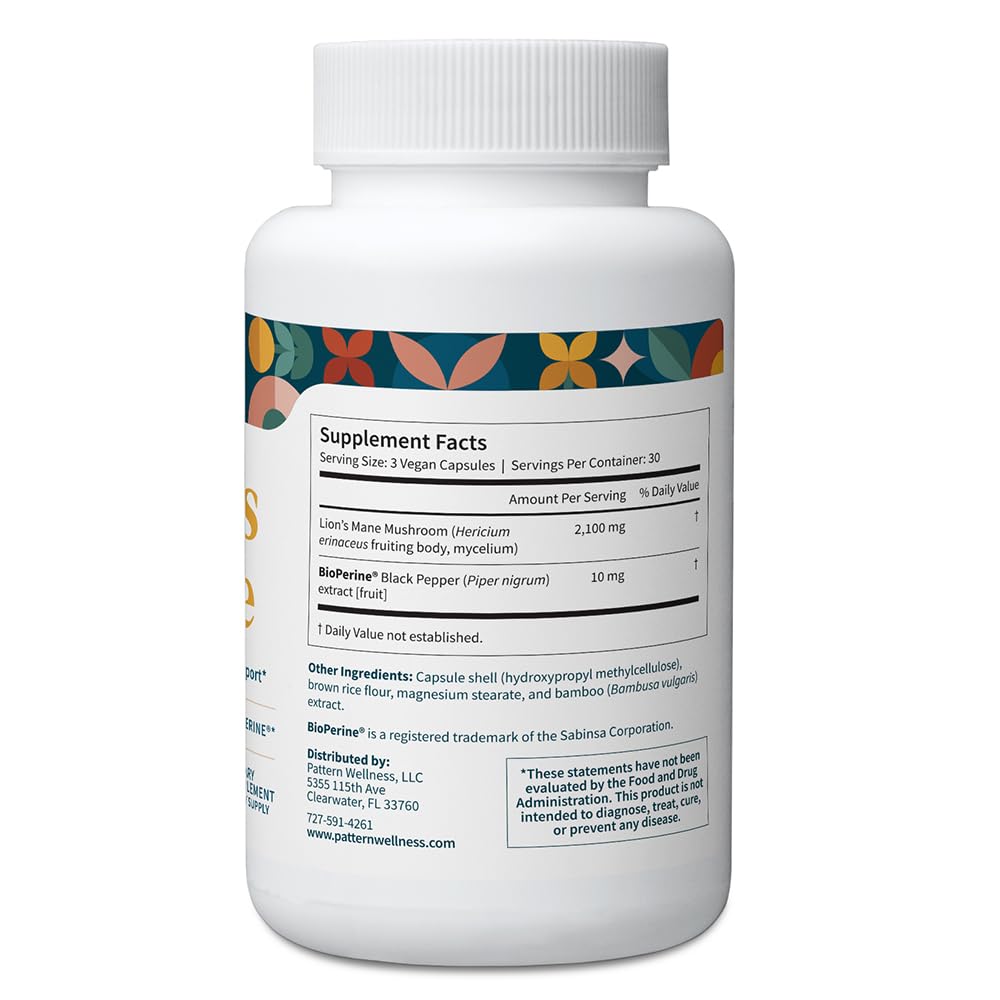 Pattern Wellness Lion’s Mane Mushroom Supplement – 90 Vegan Capsules