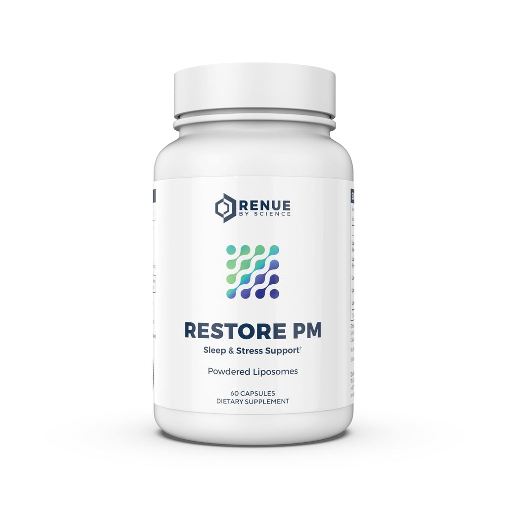 Renue By Science Restore PM | Liposomal Melatonin GABA Supplements | 60 Capsules with Melatonin (1mg) 5HTP (100mg) Glutathione (65mg) Apigenin (75mg) GABA (150mg) - Non-GMO | Made in the USA