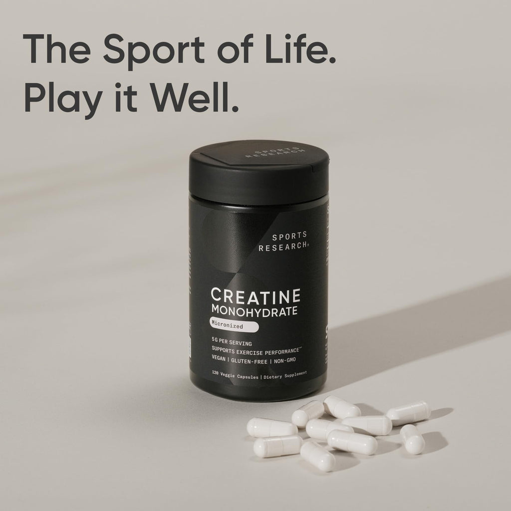Sports Research® Creatine Monohydrate Capsules - Supports Workout Recovery, Lean Muscle gain, Performance and Strength* - Non-GMO, Vegan Certified - 5g per Servings - 120 Veggie Capsules