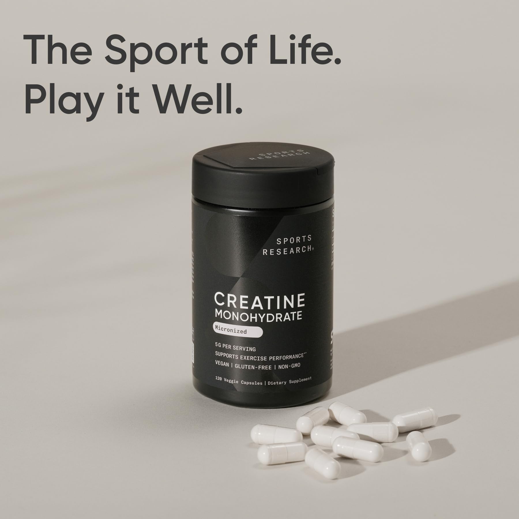 Sports Research® Creatine Monohydrate Capsules - Supports Workout Recovery, Lean Muscle gain, Performance and Strength* - Non-GMO, Vegan Certified - 5g per Servings - 120 Veggie Capsules