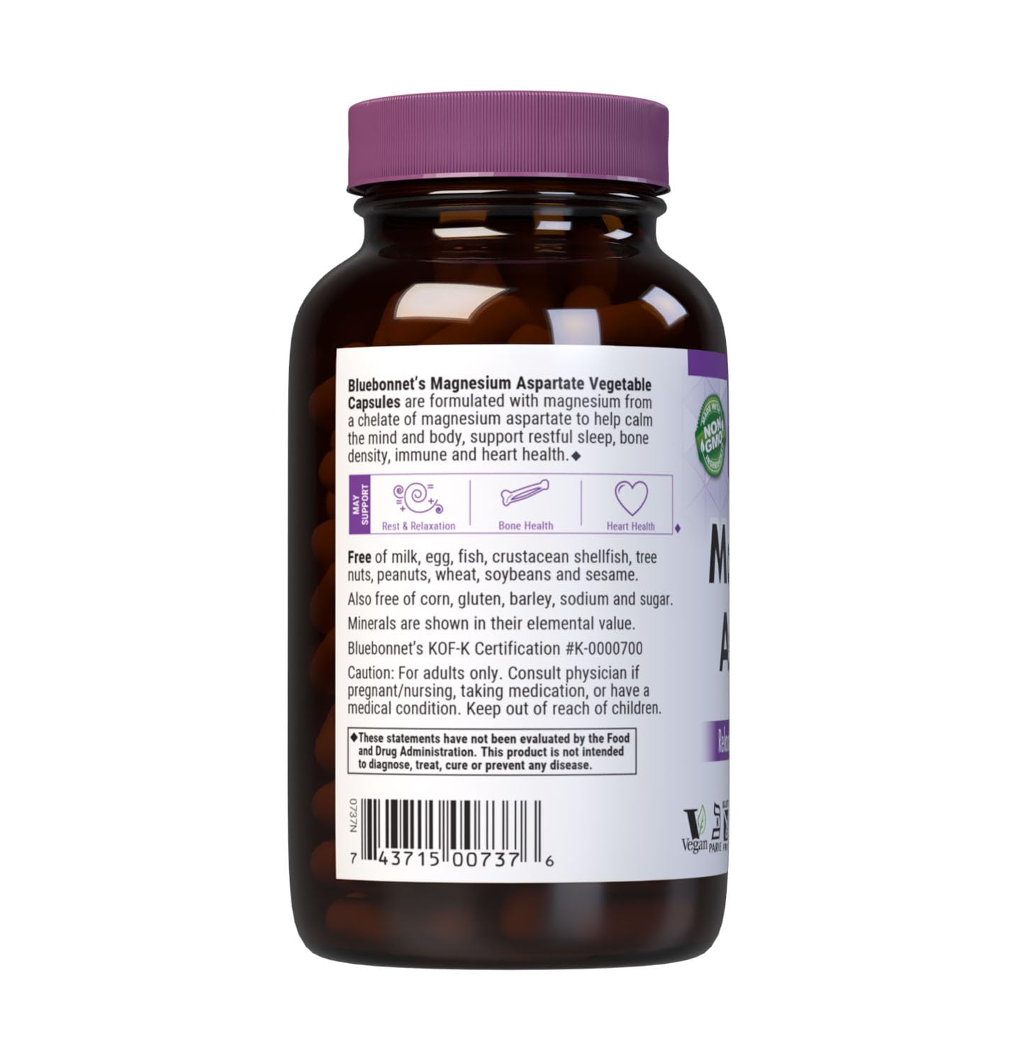 Bluebonnet Nutrition Magnesium 400 mg Chelated Magnesium Aspartate Daily Mineral, Heart & Bone Support* Supplement for Men & Women Vegan, Non-GMO - 200 Vegetable Capsules