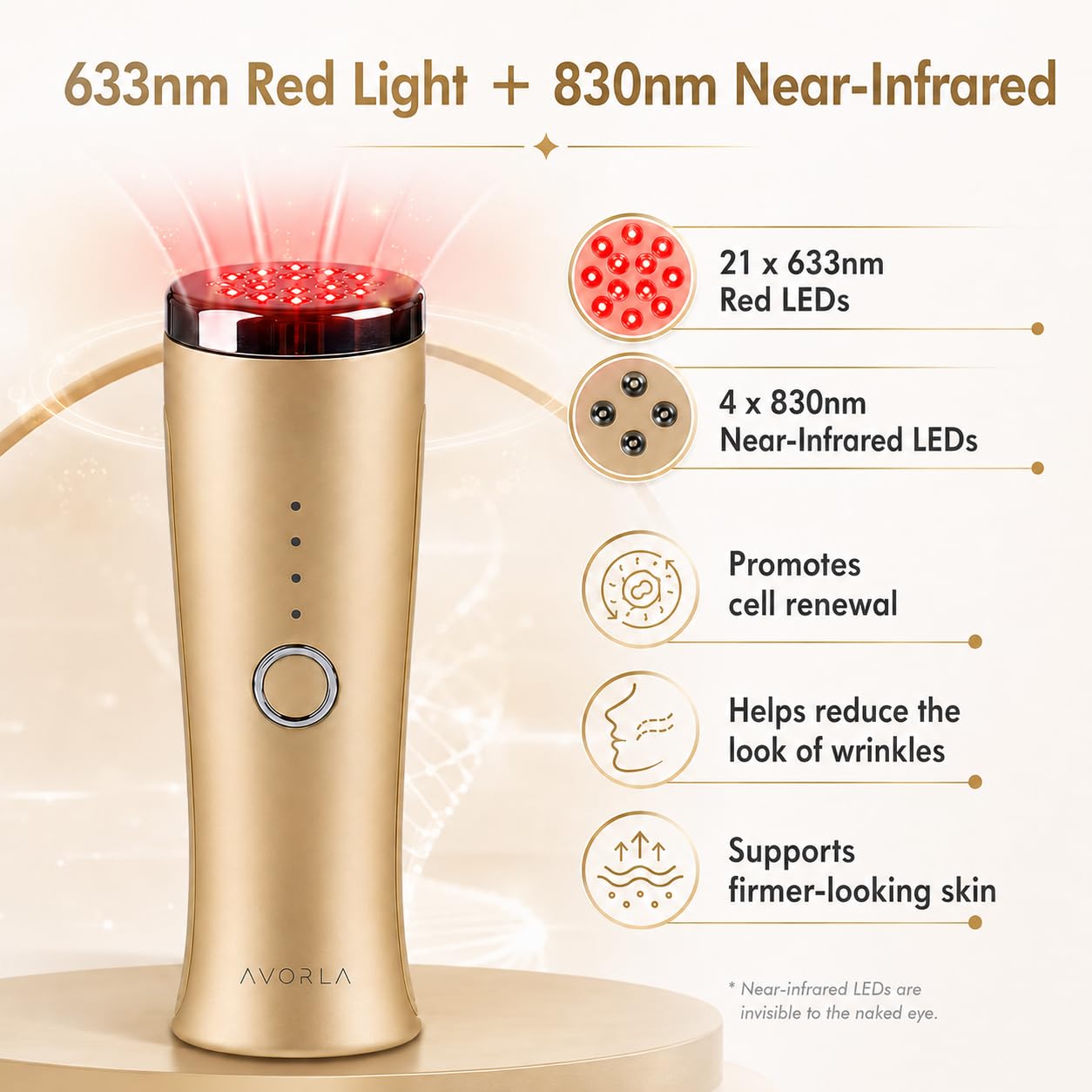 AVORLA® I Red Light Infrared Therapy Facial Wand I At-Home Skin Care Device, Anti Wrinkle Facial Massager (Gold)