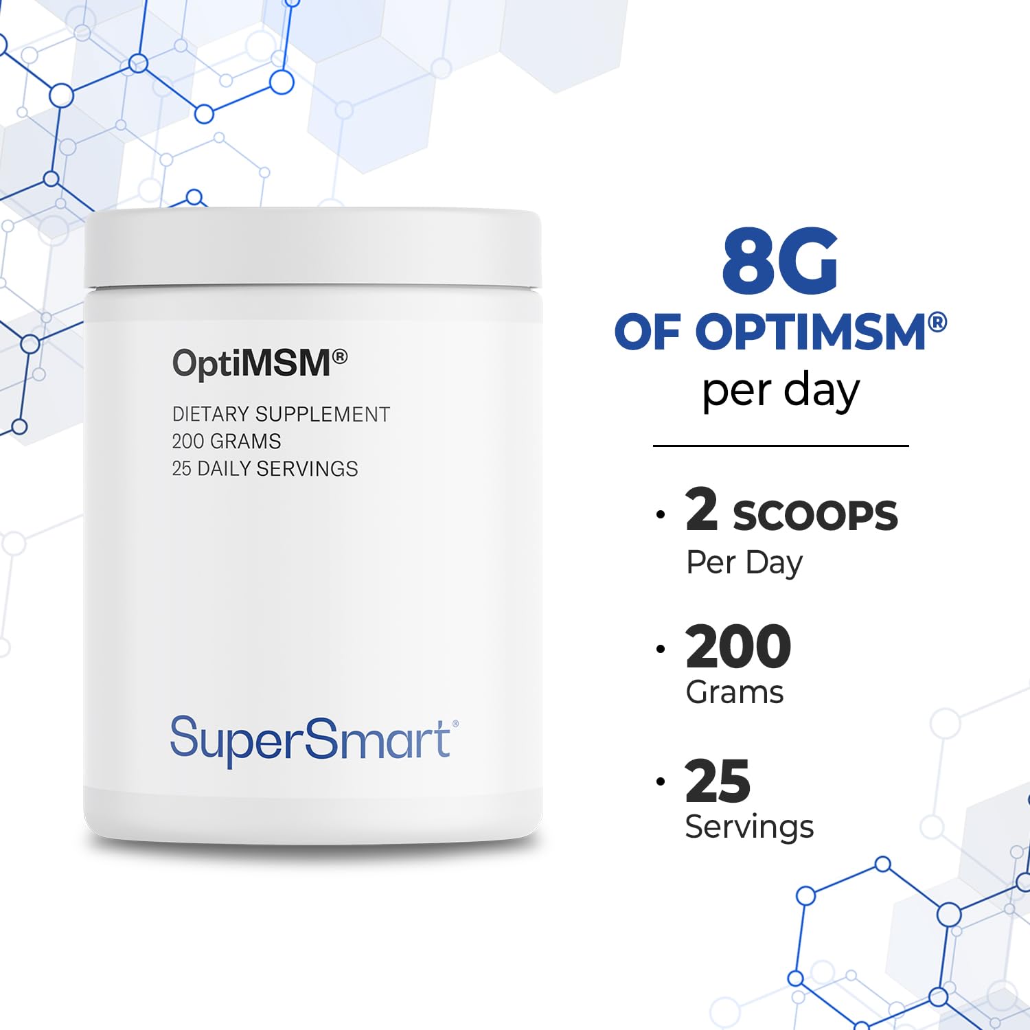 Supersmart - OptiMSM (Methyl-Sulfonyl-Methane) - Patented High Purity Formula | Non-GMO & Gluten Free - 200 g
