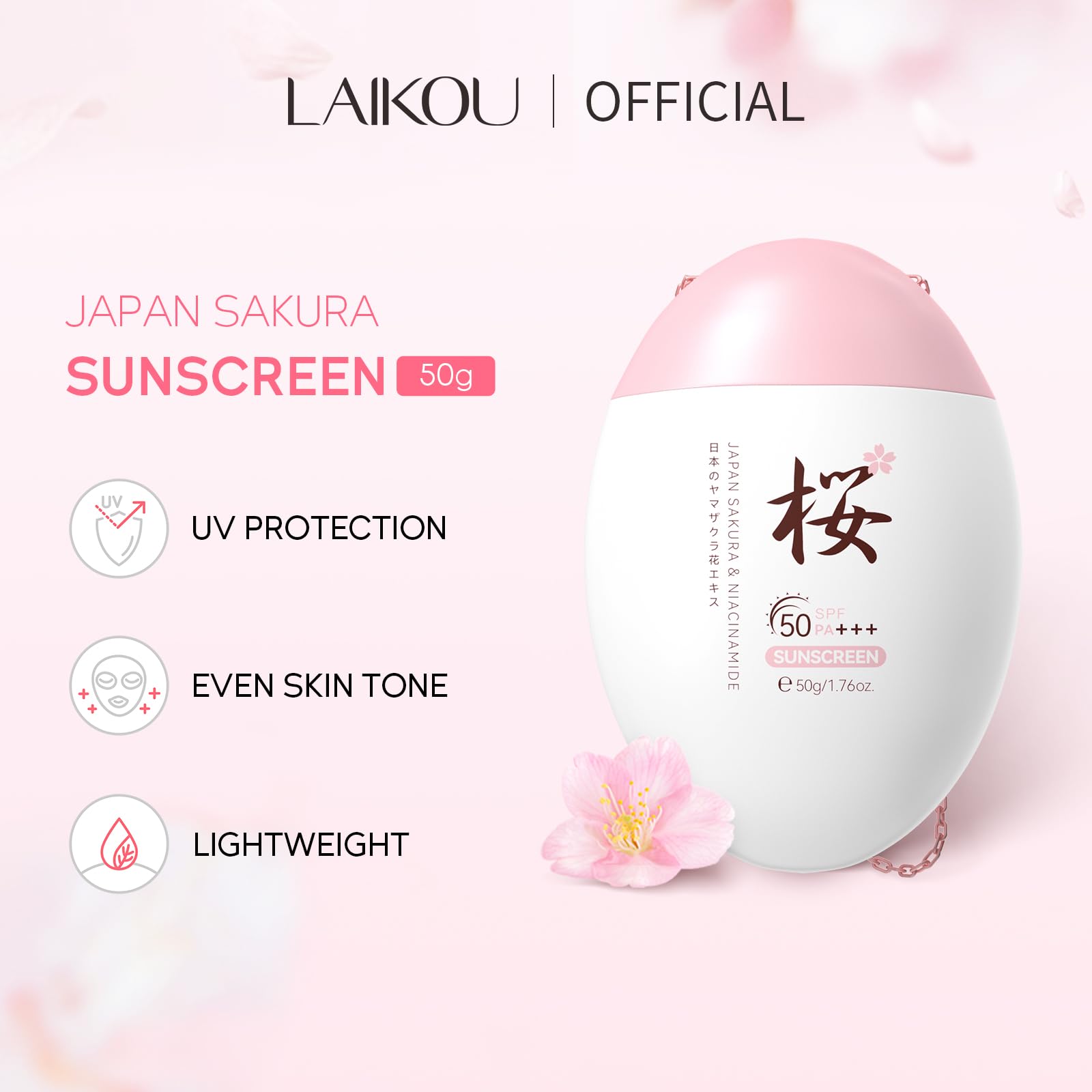 LAIKOU Sakura Moisturizing Sunscreen SPF 50+ PA+++, 50g (Pack of 2)