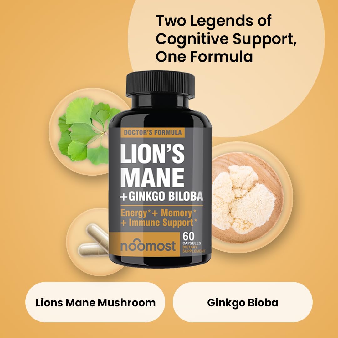 NooMost Lions Mane Mushroom Supplement Capsules 1080mg With Ginkgo Biloba - Energy, Focus, Clarity & Memory Support - Real Superfood for Brain Health for Men & Women - Made in USA - 60 Veg Caps
