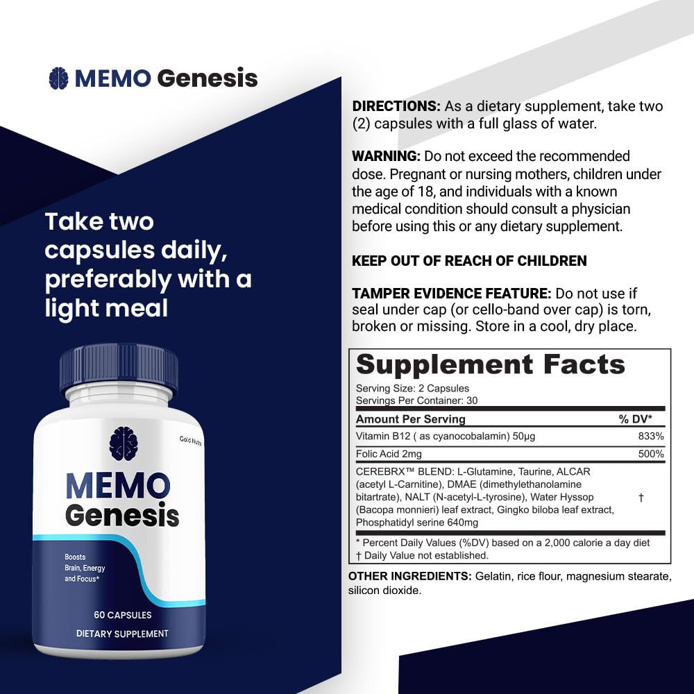 Memo Genesis Supplement Pills, All Natural Brain and Cognitive Clarity Support, MemoGenesis Capsules (3 Pack)