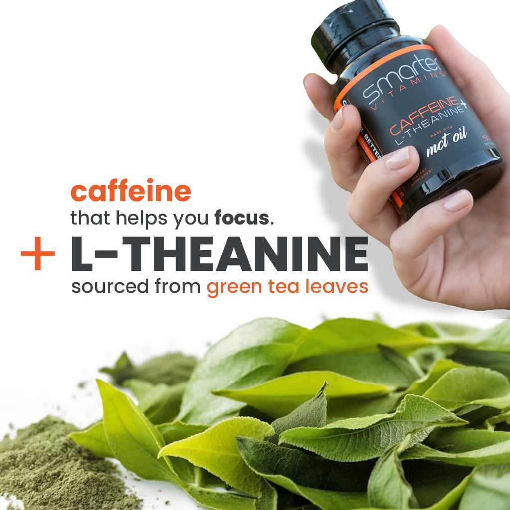 SmarterVitamins 200mg Caffeine Pills - MCT Oil from 100% Coconuts + 100mg L-Theanine, Energy and Focus, Extended Release Capsule, 50 Liquid Softgels