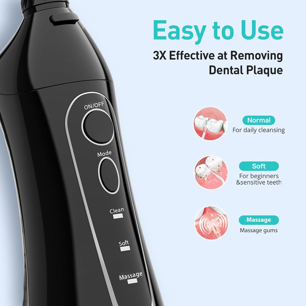 COSLUS ADA Accepted Water Dental Flosser Teeth Pick C20: Portable Cordless Oral Irrigator 300ML Rechargeable Travel Irrigation Cleaner IPX7 Waterproof Electric Flossing Machine, Standard Set Black