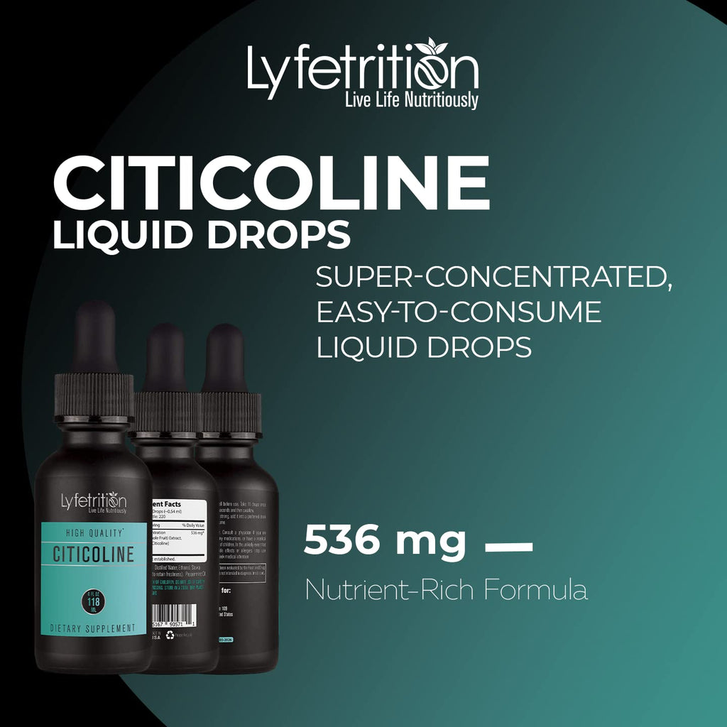 Lyfetrition Citicoline Liquid Drops 536 mg, 4 Oz Liquid, 220 Servings, Made in USA, Quick Absorption, Quality Potent Ingredients, Non-GMO, GMP Certified, Cruelty-Free Products