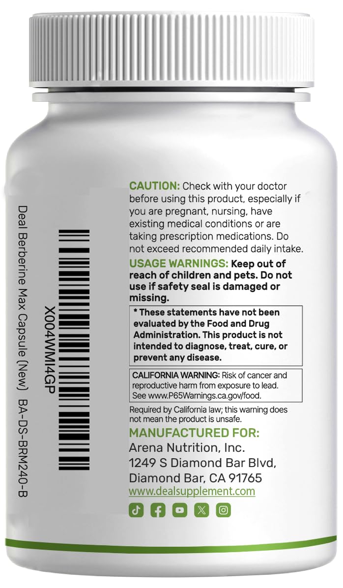 DEAL SUPPLEMENT Berberine Max Supplement with Turmeric, 5000 mg** Per Serving, 240 Vegetarian Capsules | Berberine HCl with Turmeric Root Extract | Non-GMO