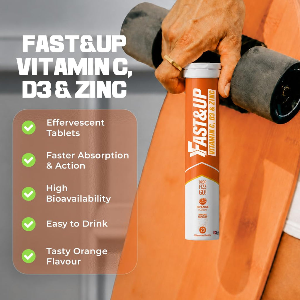 Fast&Up Vitamin C, Vitamin D & Zinc - 80 Effervescent Tablets (4 X 20) - Saver Multipack - Complete Immunity Booster - One Daily - Orange Flavour
