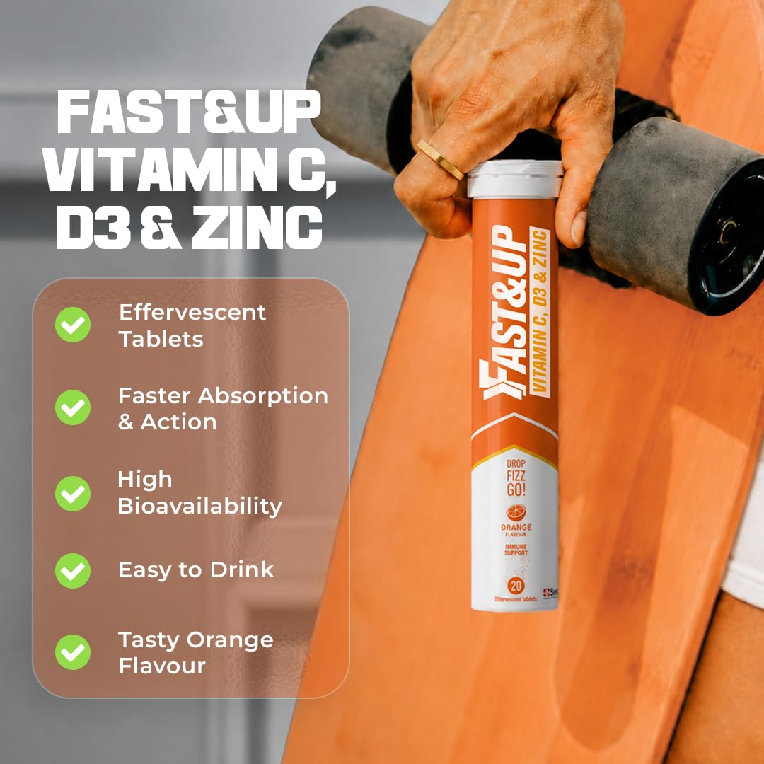 Fast&Up Vitamin C, Vitamin D & Zinc - 80 Effervescent Tablets (4 X 20) - Saver Multipack - Complete Immunity Booster - One Daily - Orange Flavour
