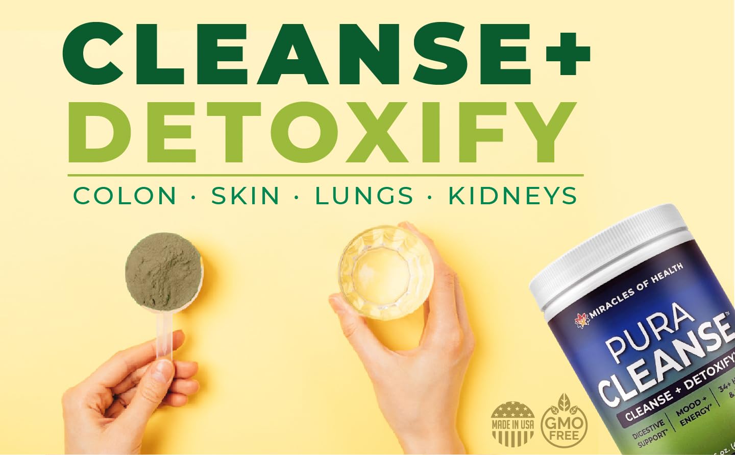 Miracles of Health Pura Cleanse - The Original & Authentic Formula | 100% Natural Super Herb & Fiber Drink Mix for a Healthy Gut | Daily Detox & Cleanse for the Colon, Skin, Lungs and Kidneys | 16 oz