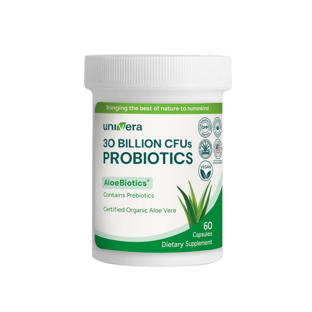 Univera Probiotics, Probiotics and Prebiotics 30 Billion CFUs with Organic Aloe Vera -14 Strains, Digestive Enzymes for Adults - Vegan, AloeBiotics, 60ct.