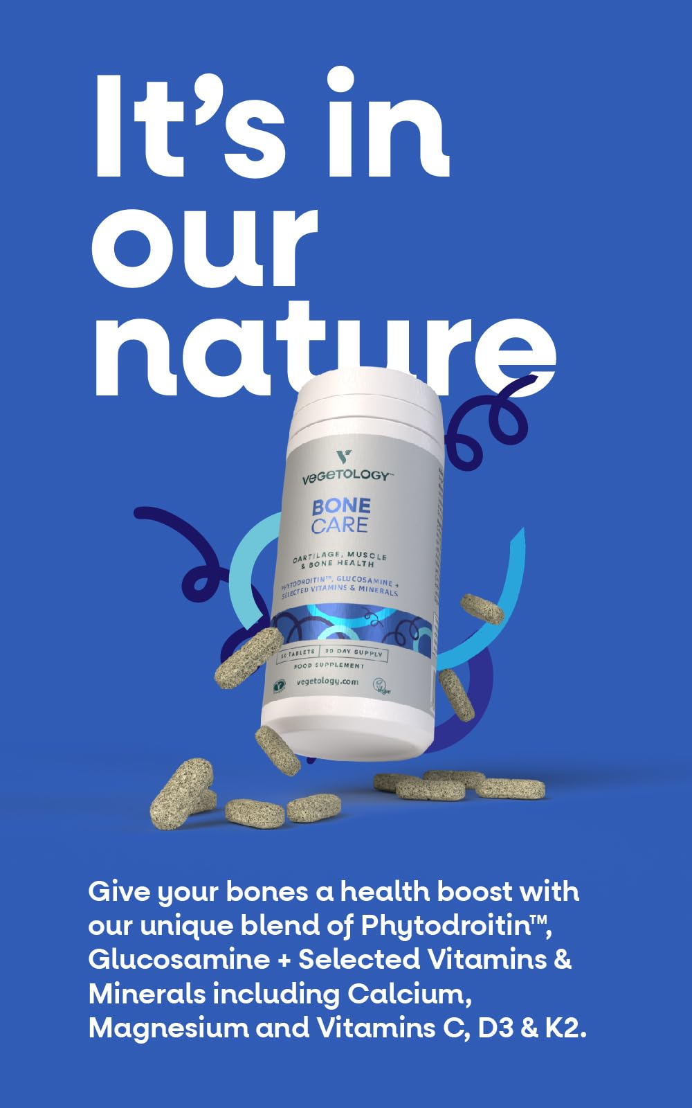 VEGETOLOGY Bone Care Bone Health Supplements - Phytodroitin, Glucosamine, Vitamin D3 K2 & Calcium Supplement – Cartilage, Muscle & Joint Support Supplement – Vegan Bone Strength (60 Count)