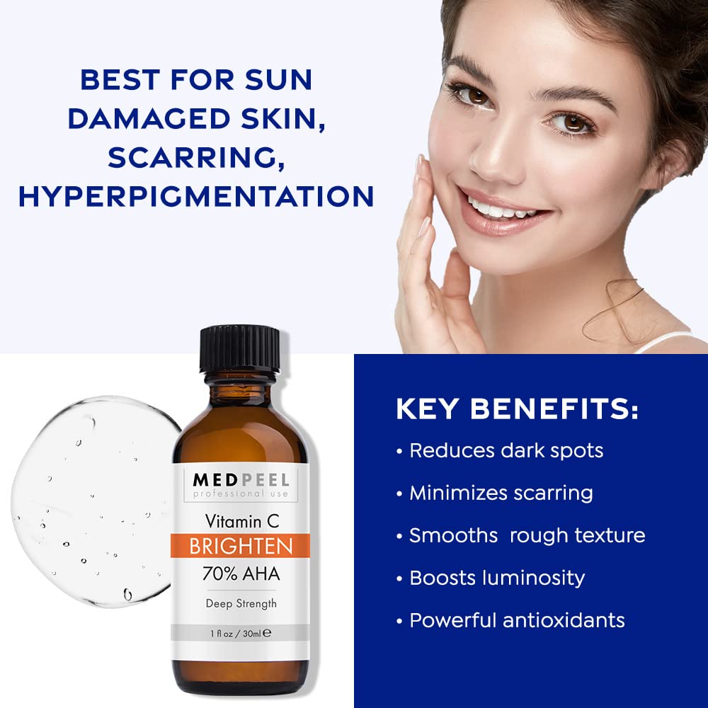 MedPeel 70% AHA & Vitamin C Brightening Essential Chemical Peel at Home Kit, Includes Peel, Prep, Neutralizer, Deep Strength Professional Grade Chemical Face Peel, Reduces Age Spots, 1oz/30ml