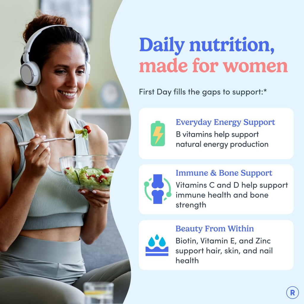FIRST DAY Women's Multivitamin Gummies for Energy, Hair & Overall Health – Daily Multivitamin with Organic Superfood Blend, Methylated Folate, Zinc & Biotin – Vegan, No Junk, 60 Gummies