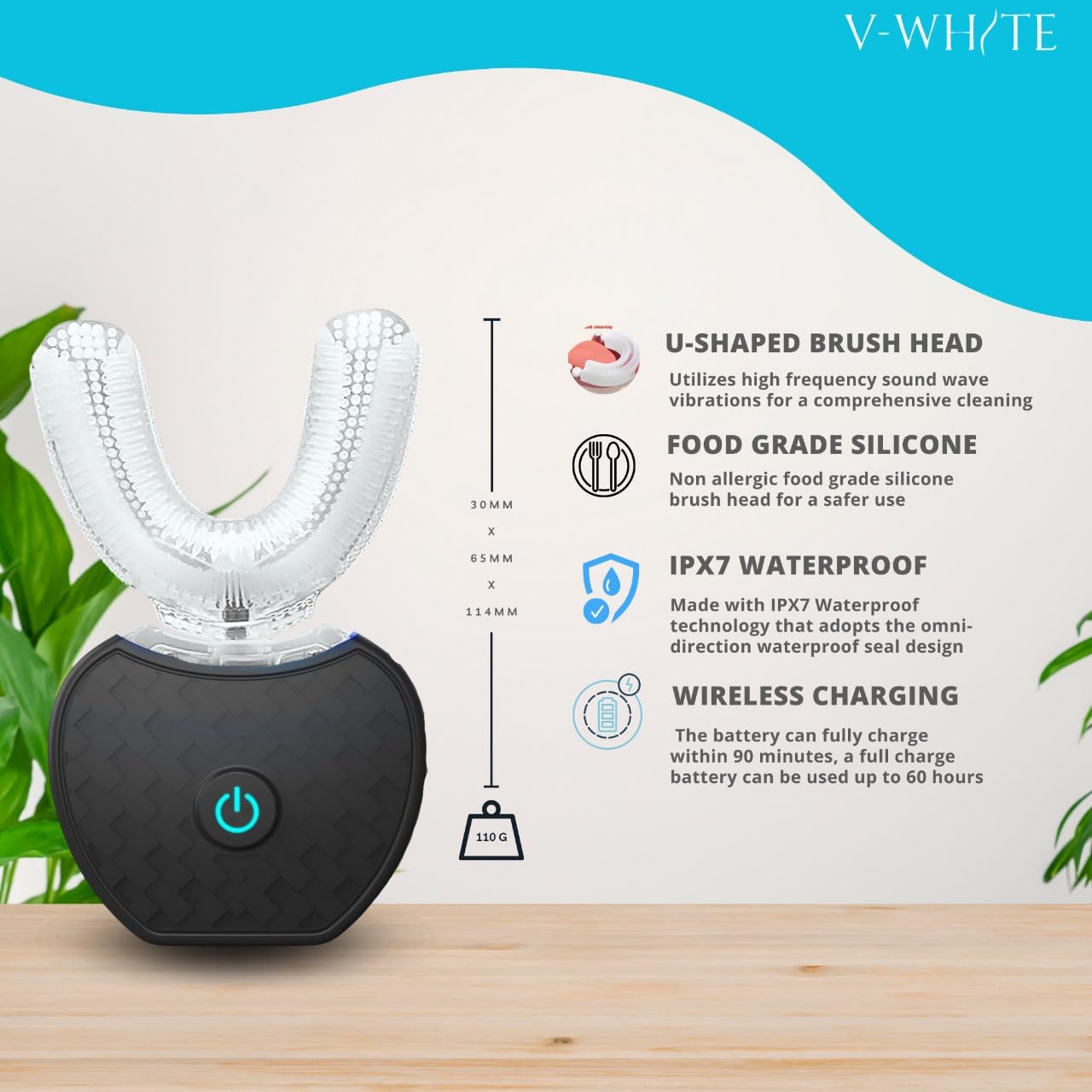 V-WHITE Adults Auto Brush Ultrasonic U-Shaped Toothbrush – 360° Teeth Cleaning, Hands-Free Electric Autobrush – Gum Protection, Waterproof IPX7, Wireless Charging