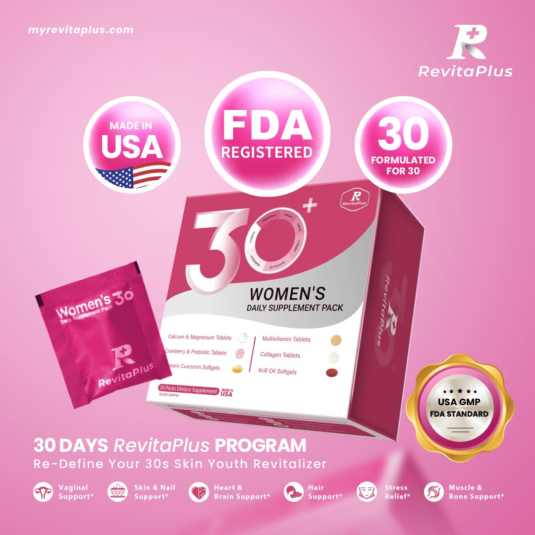 RevitaPlus Multivitamin for Women with Vitamin A,B,C,D3,E,K2,Biotin, Collagen,Krill Oil,Cranberries Supports Energy,Wellness,Beauty and Immune - Vitamin Packs for Women Health 30 Packs