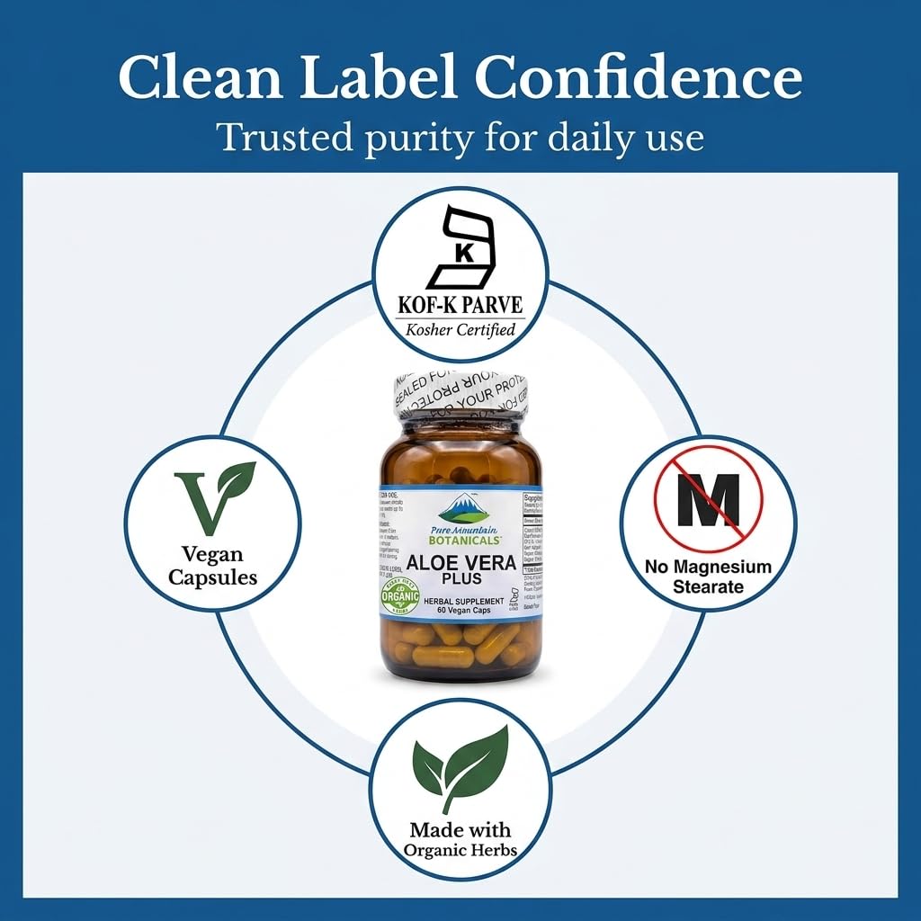 Pure Mountain Botanicals Aloe Vera Capsules - Organic Aloe Vera with Acemannan - Marshmallow Root - Slippery Elm - 60 Count - Vegan - Kosher - Non-GMO