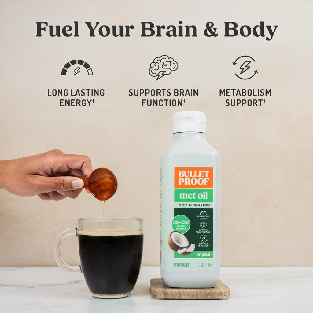 Bulletproof C8 & C10 MCT Oil, 100% Pure Coconut Oil, Triple-Distilled for Sustained Keto Energy, Unflavored, No Additives or Fillers, Non-GMO, 32 oz