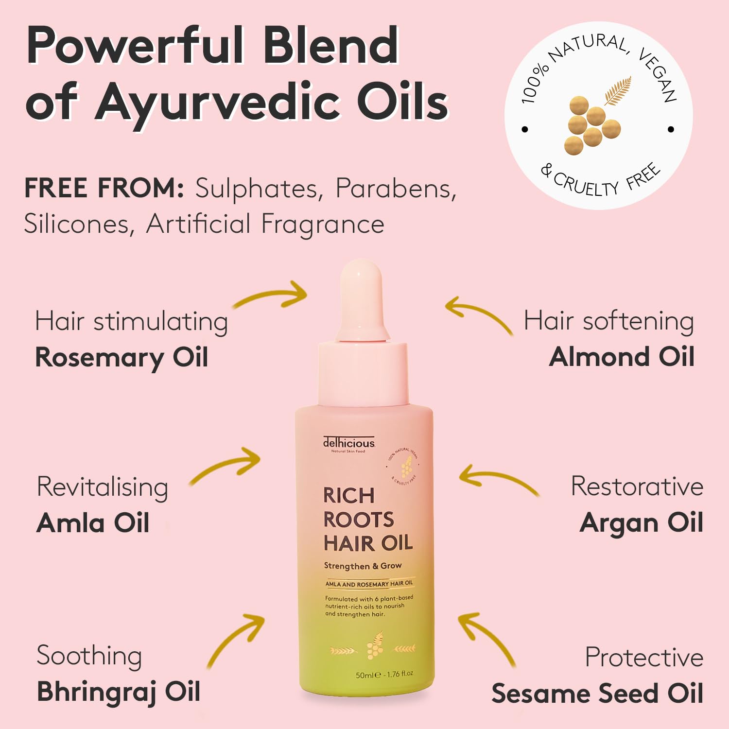 Delhicious Amla Hair Oil & Rosemary Oil for Hair Growth - Rich Roots Hair Loss Treatment for Thinning Hair - Dry Scalp Treatment with Argan Oil - Ayurveda Scalp Oil - Vegan, Sulfate Free - 50ml