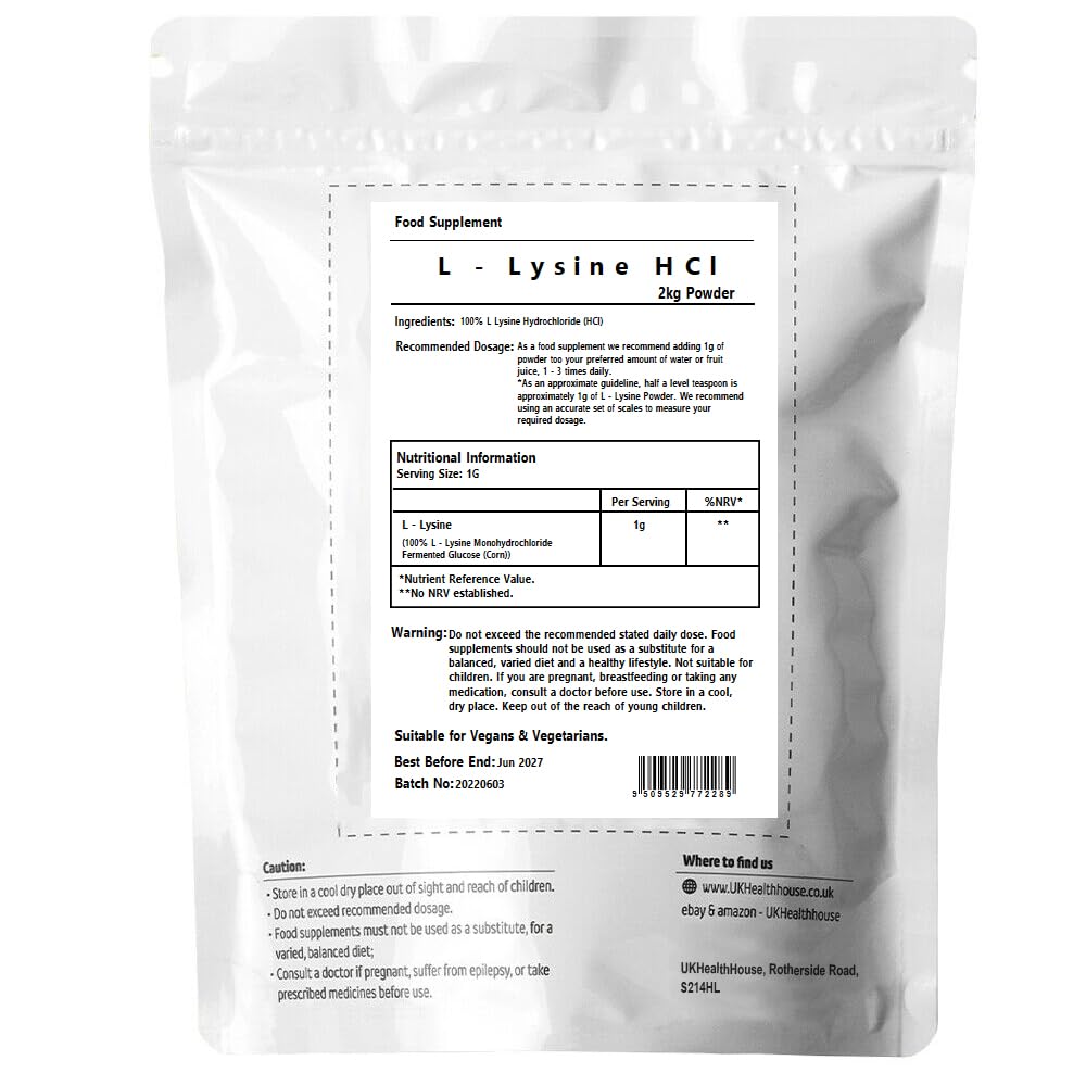 UKHealthHouse L-Lysine Powder, High Potency Essential Amino Acid, Vegan, Food Supplement, Premium Amino Acid Range, Gluten Free (500g)