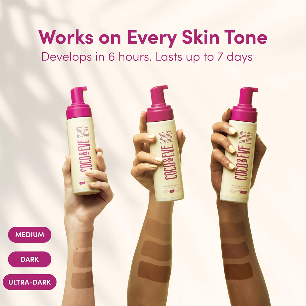 Coco & Eve Sunny Honey Self Tanner Foam - (Ultra Dark) Fast Drying, Streak-Free Sunless Tanning Mousse, Tropically Scented Lightweight Natural Looking Tan, Non-Sticky, Vegan, Cruelty Free | 6.7 Fl Oz